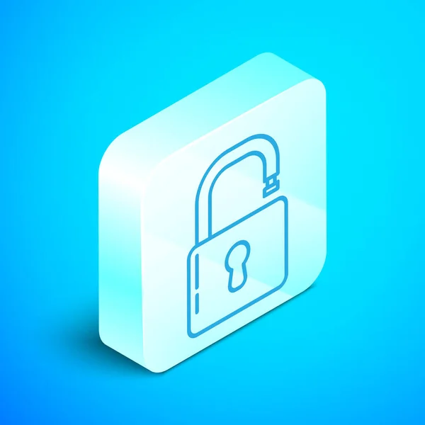 Ισομετρική γραμμή Άνοιγμα εικονιδίου λουκέτου απομονωμένο σε μπλε φόντο. Ανοιγμένη κλειδαριά. Διαδικτυακή ασφάλεια. Ψηφιακή προστασία δεδομένων. Ασφάλεια. Ασημένιο τετράγωνο κουμπί. Εικονογράφηση διανύσματος — Διανυσματικό Αρχείο