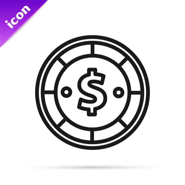 Línea negra Casino chip con símbolo de dólar icono aislado sobre fondo blanco. Juego de casino. Ilustración vectorial — Archivo Imágenes Vectoriales