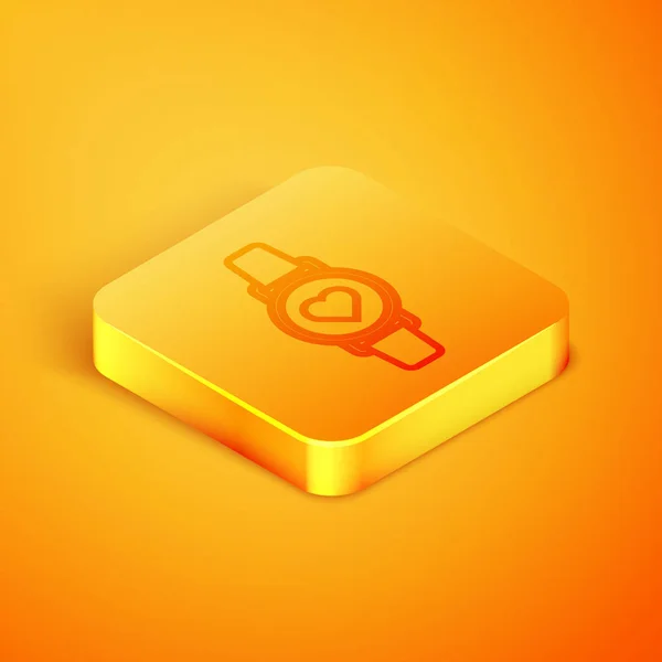 アイソメトリックラインオレンジの背景にハートビートレートアイコンを示すスマートウォッチ。フィットネスアプリのコンセプト。オレンジの四角形のボタンベクターイラスト — ストックベクタ