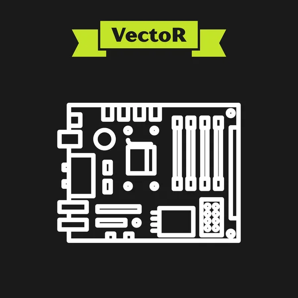 Weiße Linie elektronische Computerkomponenten Motherboard Digitalchip integrierte Wissenschaft Symbol isoliert auf schwarzem Hintergrund. Leiterplatte. Vektorillustration — Stockvektor