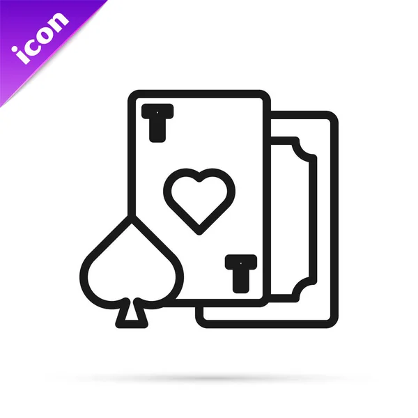 Linea nera Carta da gioco con icona simbolo del cuore isolata su sfondo bianco. Gioco d'azzardo. Illustrazione vettoriale — Vettoriale Stock