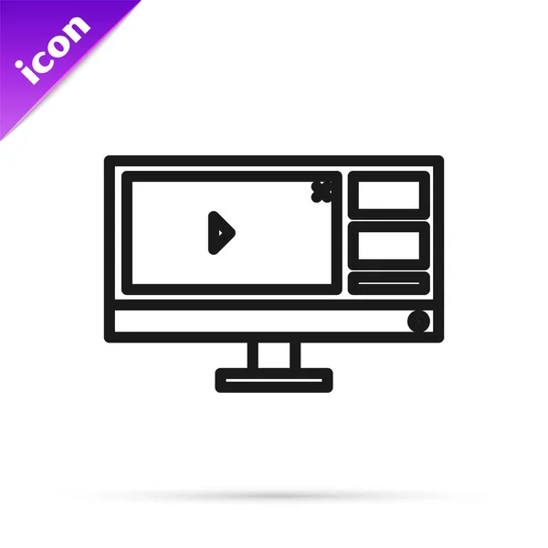 Zwarte lijn Video recorder of editor software op computer monitor pictogram geïsoleerd op witte achtergrond. Vector Illustratie — Stockvector