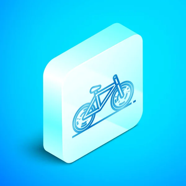 Isometric line Bicycle icon isolated on blue background. Bike race. Extreme sport. Sport equipment. Silver square button. Vector Illustration — Stock Vector