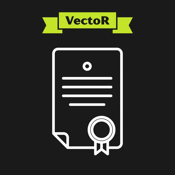 Weiße Linie Zertifikatsvorlage Symbol isoliert auf schwarzem Hintergrund. Leistung, Auszeichnung, Abschluss, Stipendium, Diplom. Geschäftserfolgsbescheinigung. Vektorillustration — Stockvektor