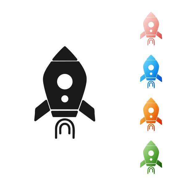 Černá raketa loď s ikonou požáru izolované na bílém pozadí. Vesmírné cestování. Nastavit barevné ikony. Vektorová ilustrace — Stockový vektor