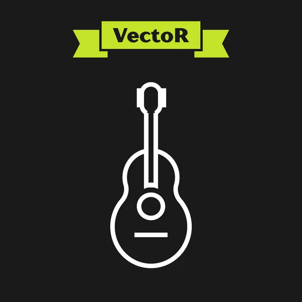 Icono de guitarra de línea blanca aislado sobre fondo negro. Guitarra acústica. Instrumento musical de cuerda. Ilustración vectorial — Vector de stock