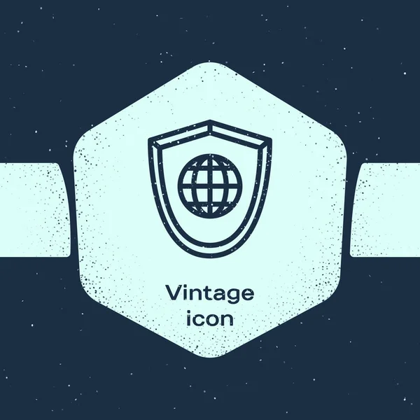 Grunge Line Shield World Globe Icon Isolated Blue Background Security — ストックベクタ