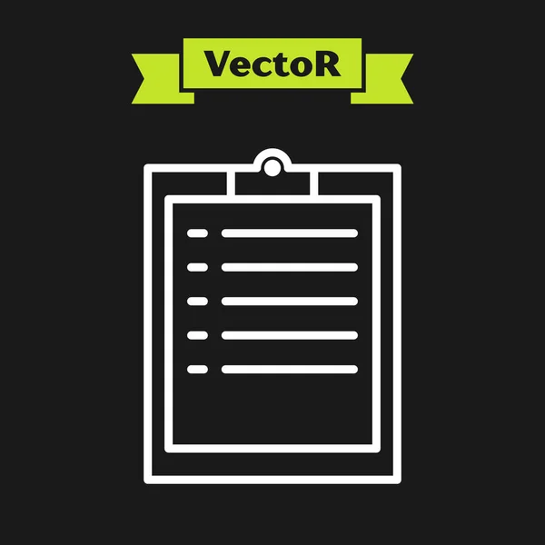 Linha branca Clipboard com ícone de lista de verificação isolado no fundo preto. Ilustração vetorial — Vetor de Stock