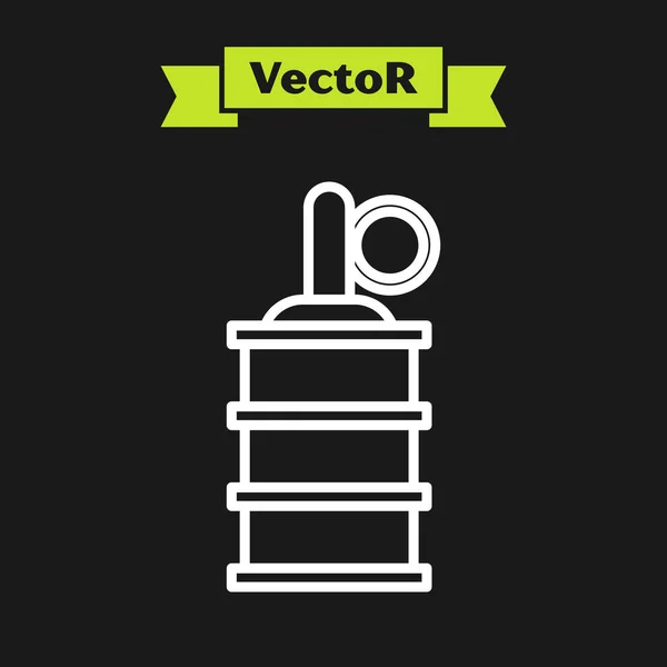 Weiße Linie Handgranate Symbol isoliert auf schwarzem Hintergrund. Bombenexplosion. Vektorillustration — Stockvektor