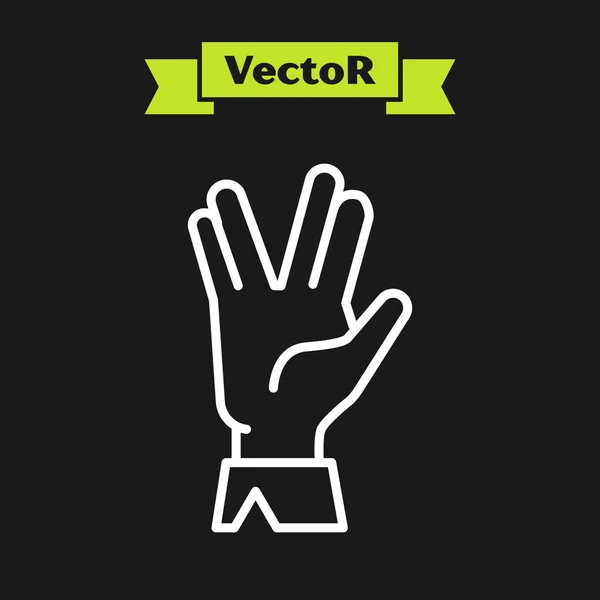 Weiße Linie vulkanischen Gruß Symbol isoliert auf schwarzem Hintergrund. Hand mit Vulkangruß. Spock-Symbol. Vektorillustration — Stockvektor