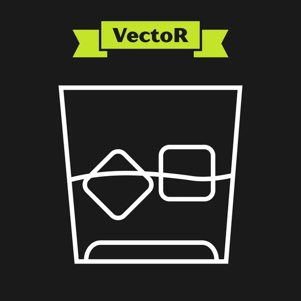 White Line Glas Whiskey und Eiswürfel Ikone isoliert auf schwarzem Hintergrund. Vektorillustration — Stockvektor