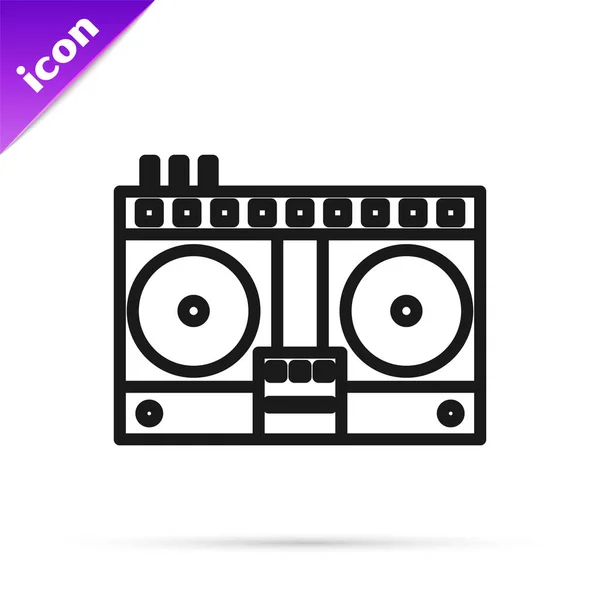 Black line DJ remote for playing and mixing music icon isolated on white background. DJ mixer complete with vinyl player and remote control. Vector Illustration — Stock Vector