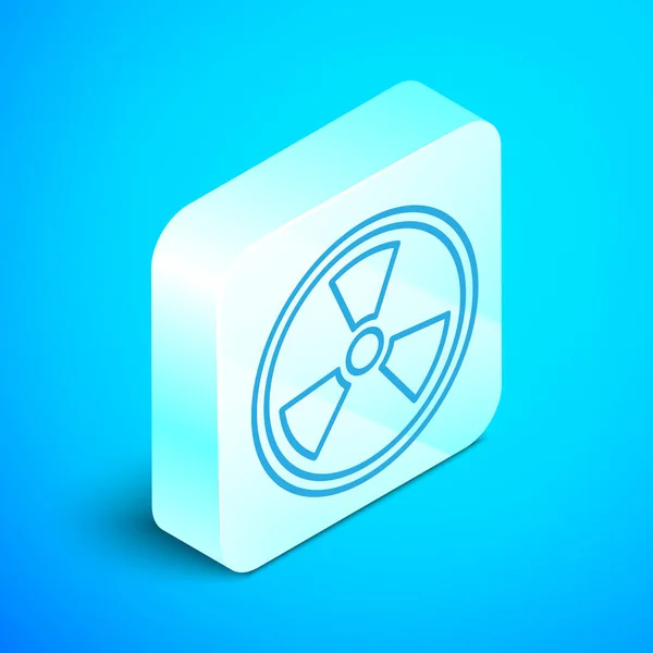 Isometric line Radioactive icon isolated on blue background. Radioactive toxic symbol. Radiation Hazard sign. Silver square button. Vector Illustration — ストックベクタ