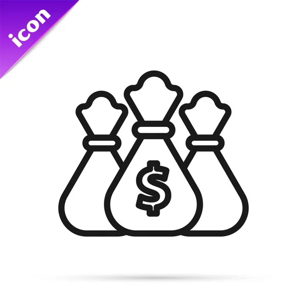 Línea negra Icono de bolsa de dinero aislado sobre fondo blanco. Dólar o símbolo USD. Signo de moneda bancaria en efectivo. Ilustración vectorial — Vector de stock