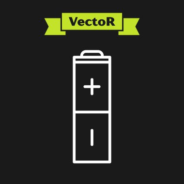 Beyaz çizgi Batarya simgesi siyah arkaplanda izole edildi. Şimşek sembolü. Vektör İllüstrasyonu