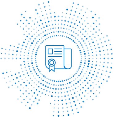 Mavi çizgi sertifika şablon simgesi beyaz arkaplanda izole edildi. Başarı, ödül, diploma, burs, diploma. İş başarısı sertifikası Soyut çember rastgele noktalar. Vektör İllüstrasyonu