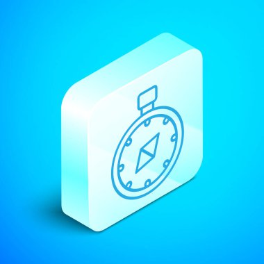 Mavi arka planda yalıtılmış izometrik çizgi Pusula simgesi. Windrose navigasyon sembolü. Rüzgar gülü işareti. Gümüş kare düğme. Vektör İllüstrasyonu