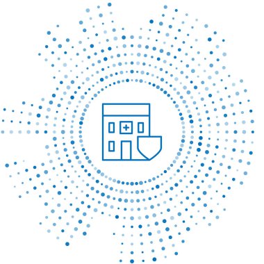 Beyaz arka planda kalkan ikonu olan mavi çizgi tıp hastanesi binası. Sağlık sigortası. Güvenlik, güvenlik, koruma kavramı. Soyut çember rastgele noktalar. Vektör İllüstrasyonu