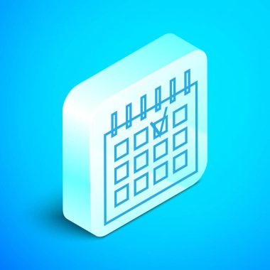 Isometric satır Ayrıntılı takvim simgesi mavi arkaplanda izole edildi. Olay takvimi. Gümüş kare düğme. Vektör İllüstrasyonu
