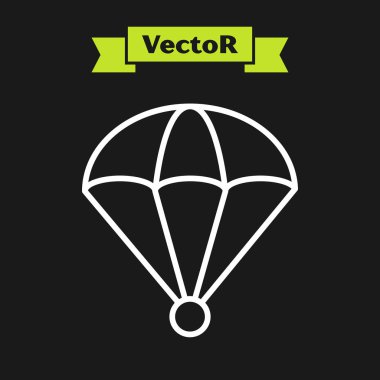 Beyaz çizgi paraşüt simgesi siyah arkaplanda izole edildi. Vektör İllüstrasyonu