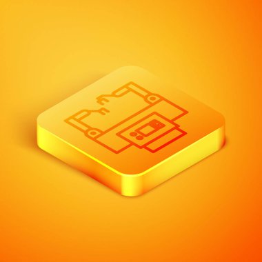 Isometric Line Assembly çizgi simgesi turuncu arkaplanda izole edildi. Otomatik üretim taşıyıcısı. Robot endüstrisi konsepti. Turuncu kare düğme. Vektör İllüstrasyonu