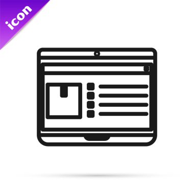 Uygulama iletim simgesine sahip siyah çizgi dizüstü bilgisayar beyaz arkaplanda izole edildi. Paket takibi. Vektör İllüstrasyonu