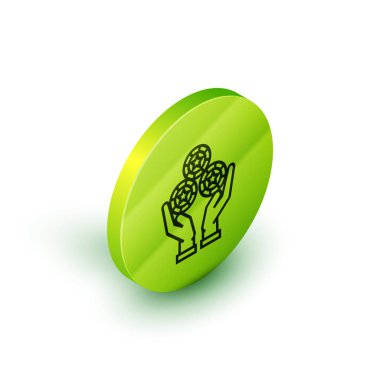 Isometric Line Hand 'in elinde beyaz arka planda izole edilmiş bir kumarhane fişi simgesi var. Kumarhane kumarı. Yeşil daire düğmesi. Vektör İllüstrasyonu