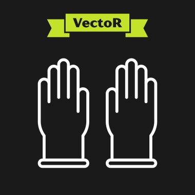 Siyah arka planda beyaz çizgili lastik eldiven ikonu var. Lateks el koruması işareti. Ev işi temizlik ekipmanları sembolü. Vektör İllüstrasyonu