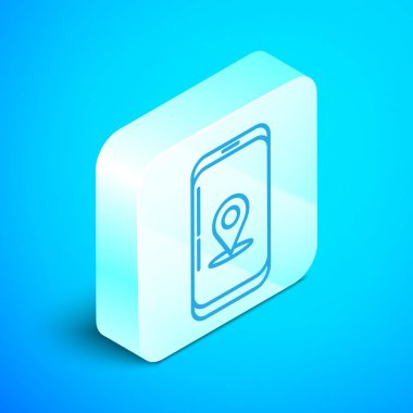 Mavi arka planda yalıtılmış şehir haritası navigasyon simgesinin izometrik çizgi Bilgi grafiği. Mobil App Interface konsept tasarımı. Geolamcation kavramı. Gümüş kare düğme. Vektör İllüstrasyonu