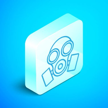 Isometric çizgi Gaz maskesi simgesi mavi arkaplanda izole edildi. Solunum cihazı işareti. Gümüş kare düğme. Vektör İllüstrasyonu