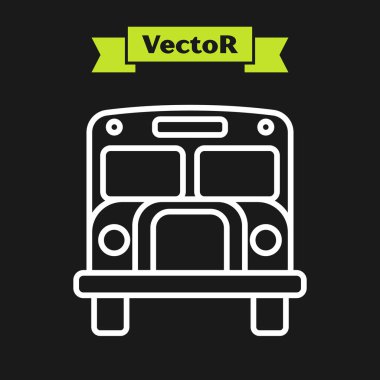 Beyaz çizgi okul servisi simgesi siyah arkaplanda izole edildi. Toplu taşıma sembolü. Vektör İllüstrasyonu