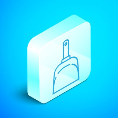 İzometrik çizgi Dustpan simgesi mavi arka plan üzerinde izole. Temizlik kepçe hizmetleri. Gümüş kare düğme. Vektör İllüstrasyonu