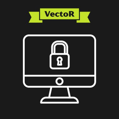 Bilgisayar ekranındaki beyaz çizgi kilidi siyah arkaplanda izole edildi. Güvenlik, güvenlik, koruma kavramı. Güvenli bir ağ. Vektör İllüstrasyonu