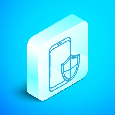 Isometric hattı Smartphone, mavi arka planda güvenlik kalkanı simgesi olan cep telefonu. Güvenlik, güvenlik, güvenlik, koruma kavramı. Gümüş kare düğme. Vektör İllüstrasyonu