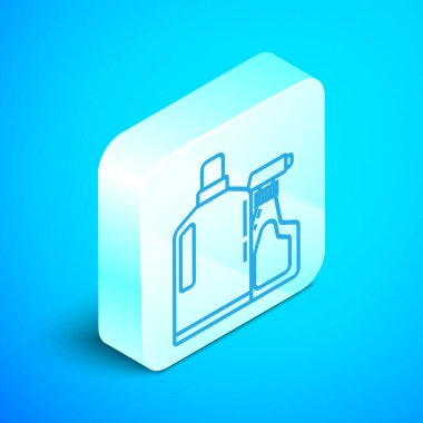 Sıvı çamaşır deterjanı, çamaşır suyu, bulaşık deterjanı ya da mavi arka planda izole edilmiş başka bir temizlik maddesi için plastik şişe. Gümüş kare düğme. Vektör İllüstrasyonu