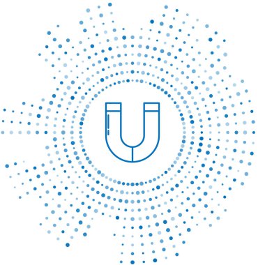 Mavi çizgi mıknatıs simgesi beyaz arkaplanda izole edildi. At nalı mıknatısı, manyetizma, manyetizma, çekim. Soyut çember rastgele noktalar. Vektör İllüstrasyonu