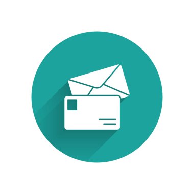 Beyaz Zarf simgesi uzun gölgeli izole edilmiş. E- posta mektup sembolü. Yeşil daire düğmesi. Vektör İllüstrasyonu