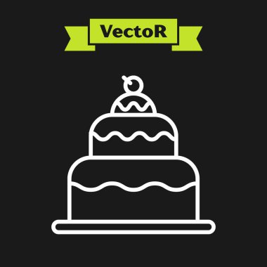 Beyaz çizgi pasta simgesi siyah arkaplanda izole edildi. Doğum günün kutlu olsun. Vektör İllüstrasyonu
