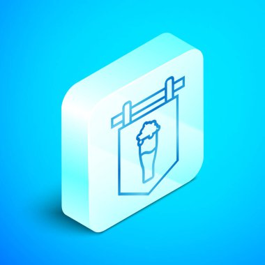 Mavi arka planda izole edilmiş bira ikonu dolu Isometric Line Street tabelası. Reklamlar için uygun bar, kafe, bar, restoran. Gümüş kare düğme. Vektör İllüstrasyonu