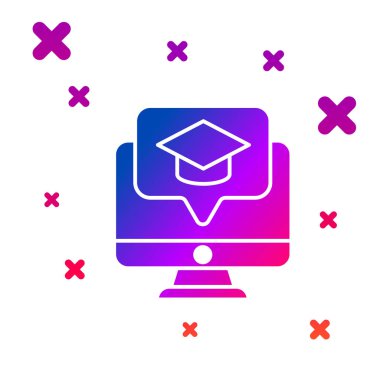 Mezuniyet başlığı simgesi beyaz arkaplanda izole edilmiş renkli bilgisayar monitörü. Çevrimiçi öğrenme ya da e-öğrenme kavramı. Kademeli rastgele dinamik şekiller. Vektör İllüstrasyonu