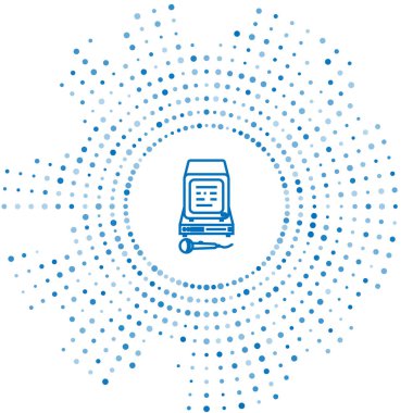 Mavi çizgi karaoke simgesi beyaz arkaplanda izole edildi. Mikrofon ve monitör. Soyut çember rastgele noktalar. Vektör İllüstrasyonu