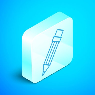 Mavi arkaplanda silgi simgesine sahip Isometric satır kalem. Çizim ve eğitim araçları. Okul sembolü. Gümüş kare düğme. Vektör İllüstrasyonu