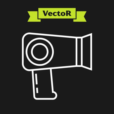 Siyah arkaplanda beyaz çizgi saç kurutma ikonu var. Saç kurutma makinesi tabelası. Saç kurutma sembolü. Sıcak hava üflüyor. Vektör İllüstrasyonu