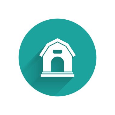 Beyaz Köpek evi simgesi uzun gölge ile izole. Köpek kulübesi. Yeşil daire düğmesi. Vektör İllüstrasyonu