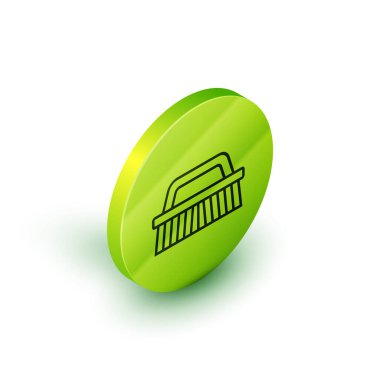 Temizlik simgesi için Isometric çizgi fırçası beyaz arkaplanda izole edildi. Yeşil daire düğmesi. Vektör İllüstrasyonu