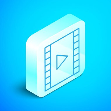 Isometric satır Video simgesi mavi arkaplanda izole edildi. Oyun işaretli film şeridi. Gümüş kare düğme. Vektör İllüstrasyonu