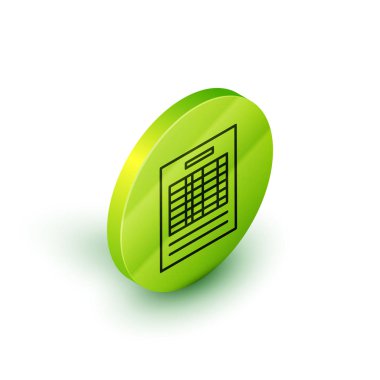 Isometric satır Raporu dosya simgesi beyaz arkaplanda izole edildi. Kontrol listesi simgesi. İş konsepti. Yeşil daire düğmesi. Vektör İllüstrasyonu