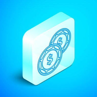Mavi arka planda dolar sembolü olan Isometric çizgi kumarhanesi çipi. Kumarhane kumarı. Gümüş kare düğme. Vektör İllüstrasyonu