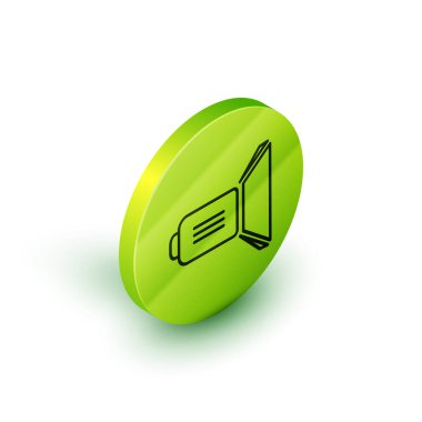 Isometric line Movie spot ışığı simgesi beyaz arkaplanda izole edildi. Işık efekti. Sahne, Stüdyo, Gösteri. Yeşil daire düğmesi. Vektör İllüstrasyonu