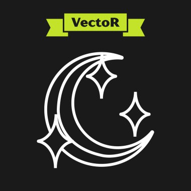 Beyaz çizgi Ay ve yıldız simgesi siyah arkaplanda izole edildi. Vektör İllüstrasyonu